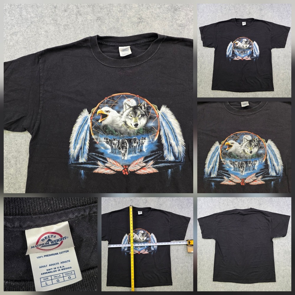 VTG Wolf Eagle Dreamcatcher T Shirt Mens Large Black Wildlife Graphic Tee Delta